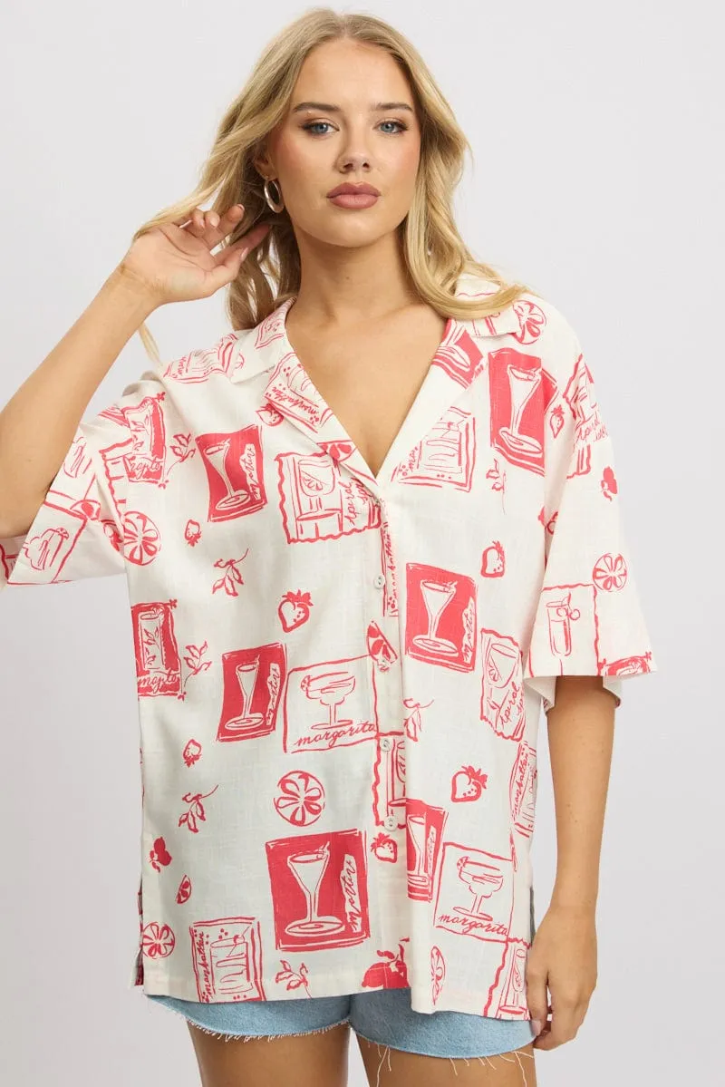 Red Abstract Relaxed Shirt Short Sleeve Linen Blend sold by Ally Fashion