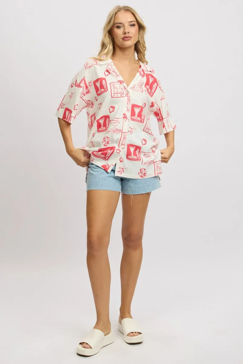 Red Abstract Relaxed Shirt Short Sleeve Linen Blend sold by Ally Fashion product image thumbnail 2