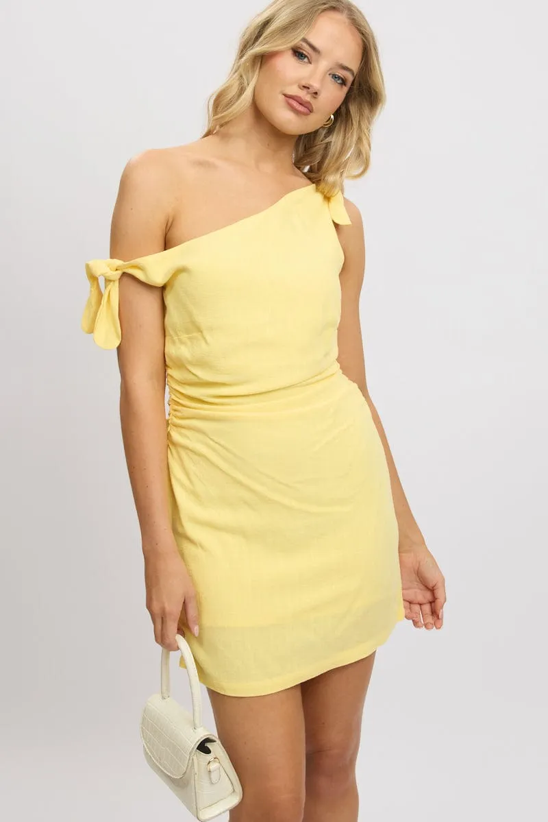 Yellow Bodycon Dress Tie up Shoulder Linen sold by Ally Fashion
