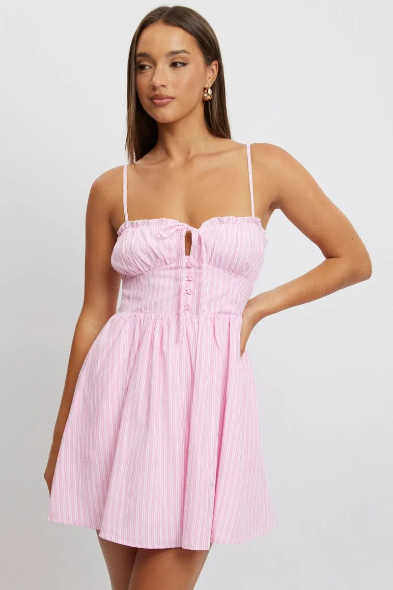 Pink Stripe Fit And Flare Dress Mini sold by Ally Fashion