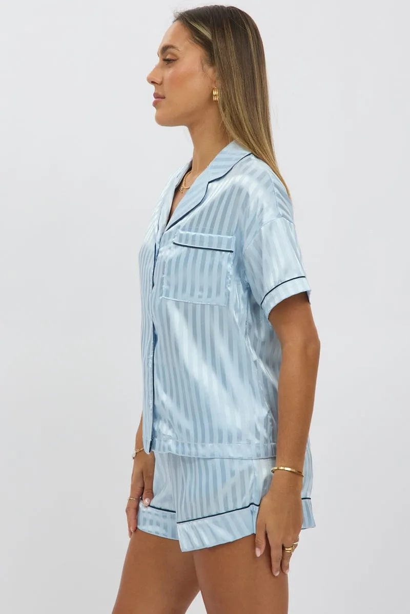 Blue Stripe Satin Pyjamas Set Short Sleeve sold by Ally Fashion product image thumbnail 4