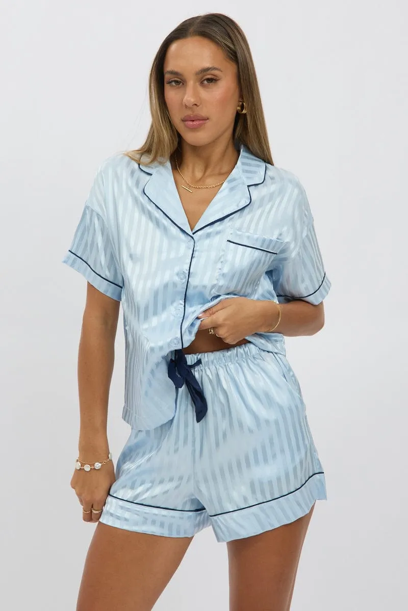 Blue Stripe Satin Pyjamas Set Short Sleeve sold by Ally Fashion