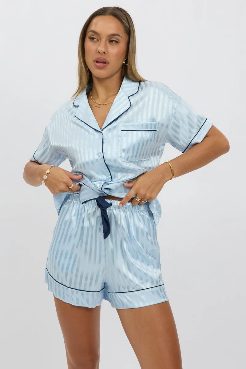 Blue Stripe Satin Pyjamas Set Short Sleeve sold by Ally Fashion product image thumbnail 3