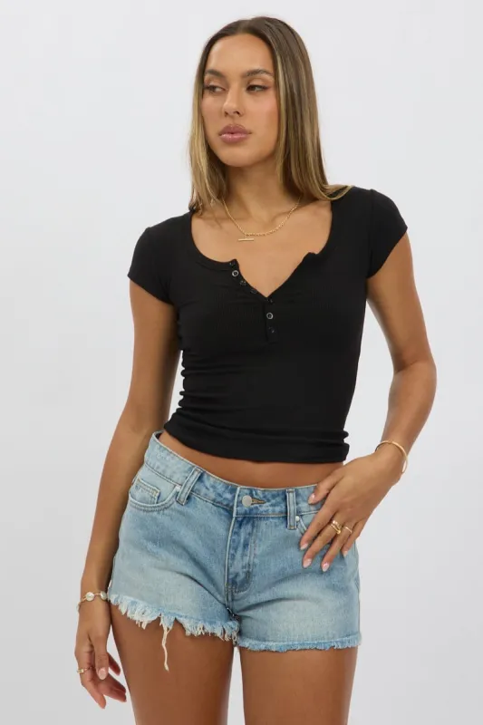 Black Button Down Tee Short Sleeve Rib sold by Ally Fashion