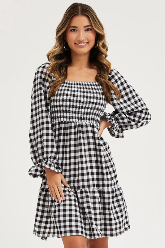 Check Skater Dress Puff Sleeve Mini sold by Ally Fashion