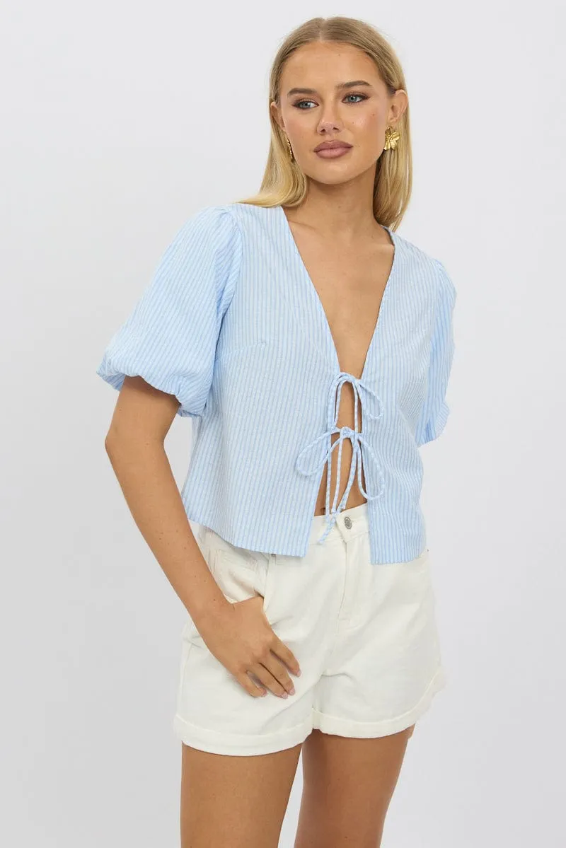 Blue Stripe Tie Front Top Puff Short Sleeve sold by Ally Fashion product image thumbnail 3