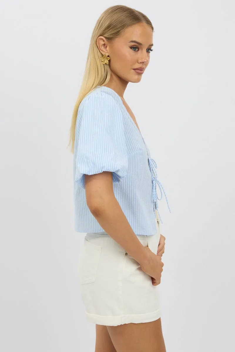 Blue Stripe Tie Front Top Puff Short Sleeve sold by Ally Fashion product image thumbnail 4