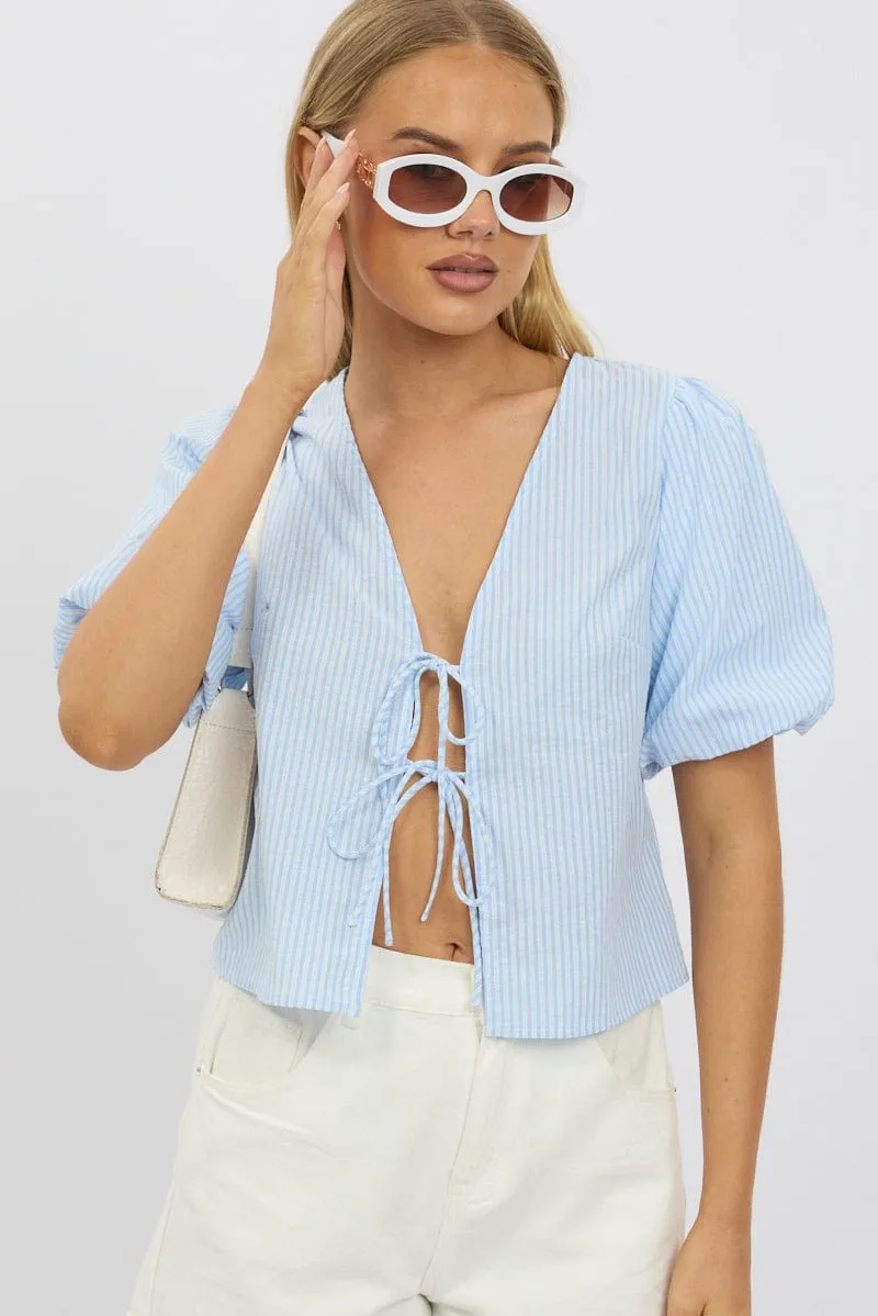 Blue Stripe Tie Front Top Puff Short Sleeve sold by Ally Fashion