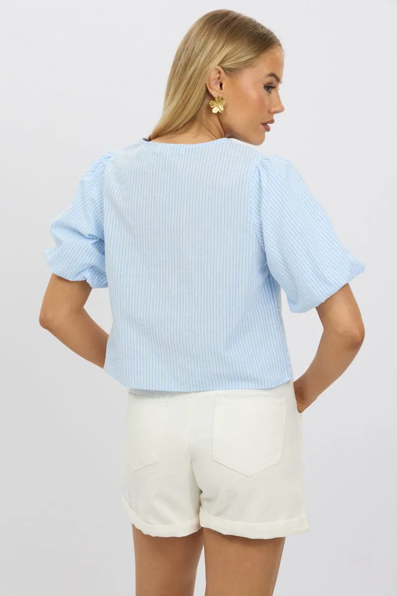 Blue Stripe Tie Front Top Puff Short Sleeve sold by Ally Fashion product image thumbnail 5