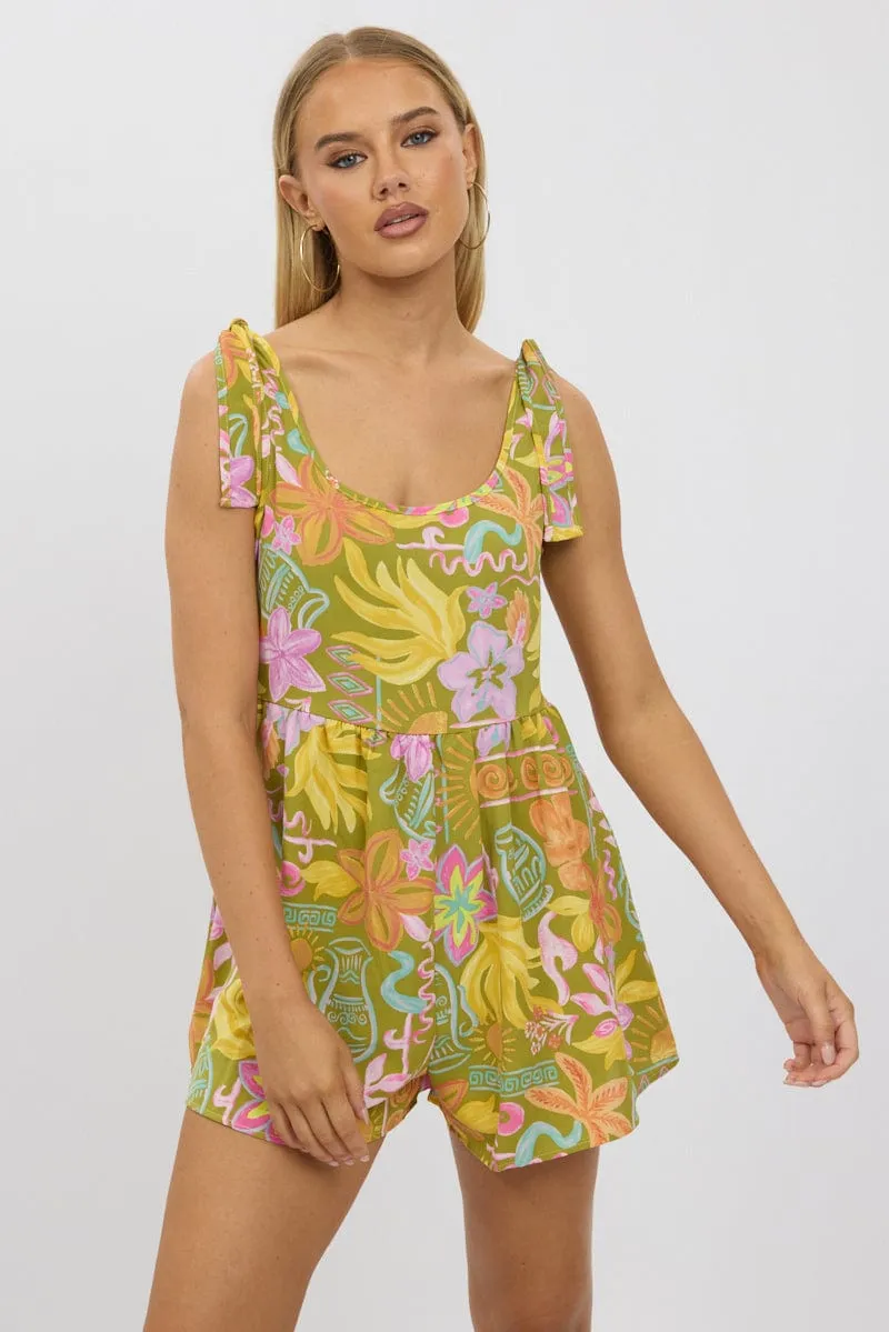 Green Abstract Playsuit Sleeveless Tie Shoulder sold by Ally Fashion product image thumbnail 3