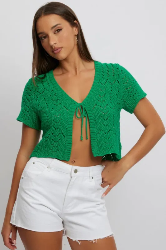 Green Crochet Knit Cardigan Short Sleeve V Neck sold by Ally Fashion