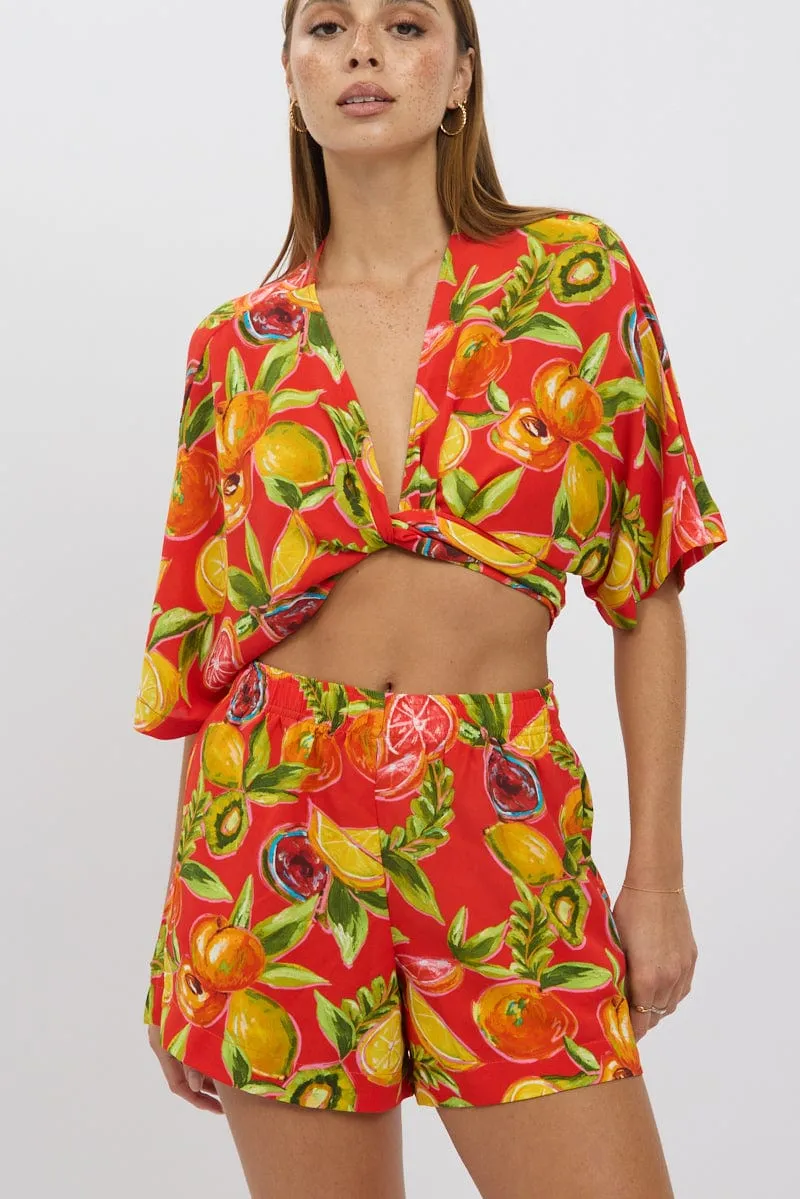 Red Abstract Relaxed Shorts High Rise sold by Ally Fashion