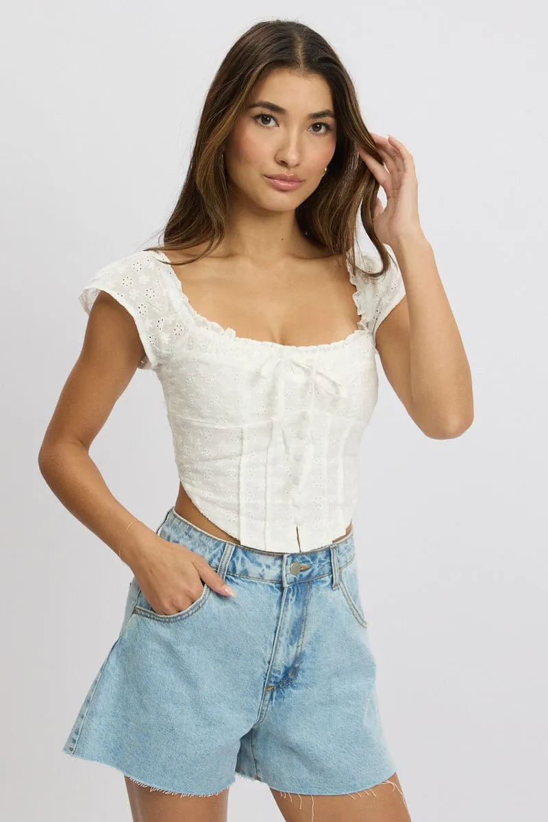 White Broderie Corset Top Short Sleeve Button Front sold by Ally Fashion product image thumbnail 3