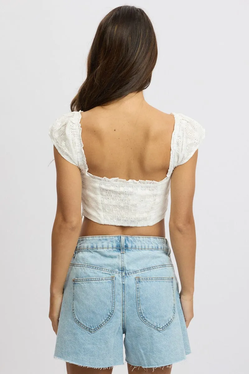 White Broderie Corset Top Short Sleeve Button Front sold by Ally Fashion product image thumbnail 5