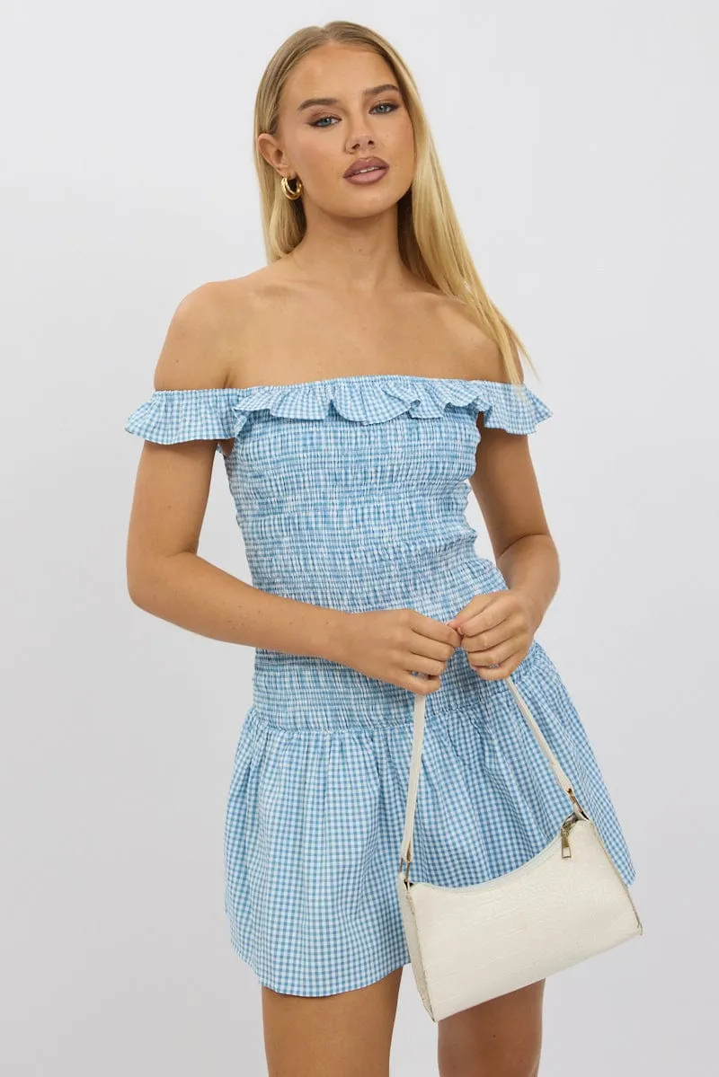 Blue Check Shirred Mini Dress sold by Ally Fashion