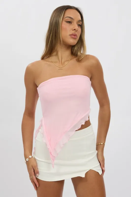 Pink Bandeau Top Asymmetrical Ruffle Hem Mesh sold by Ally Fashion