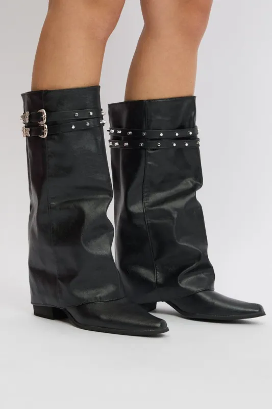 Black Foldover Western Boots sold by Ally Fashion
