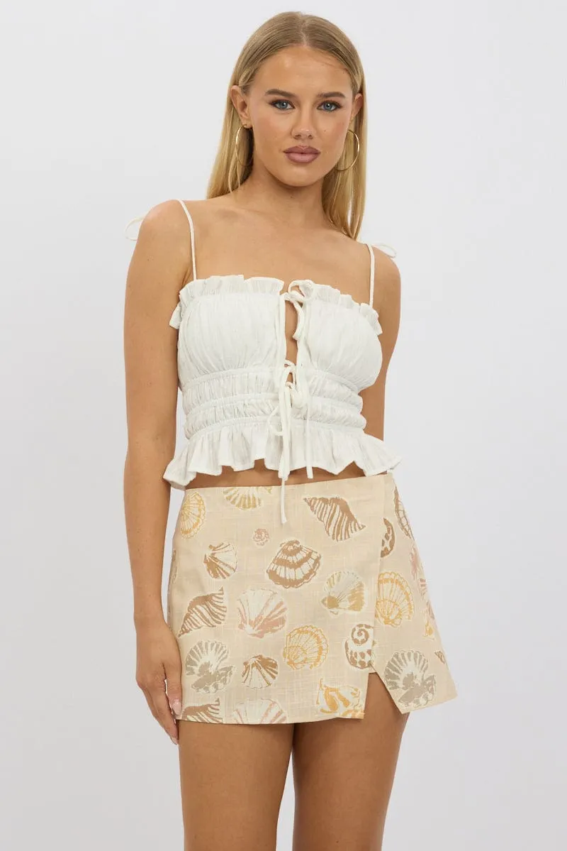 Beige Abstract Mini Skort Skirt High Rise Linen Blend Lined sold by Ally Fashion