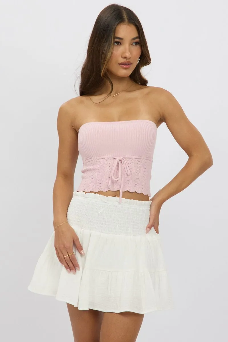 White Mini Skort Skirt Shirred Waist Cotton Textured Lined sold by Ally Fashion