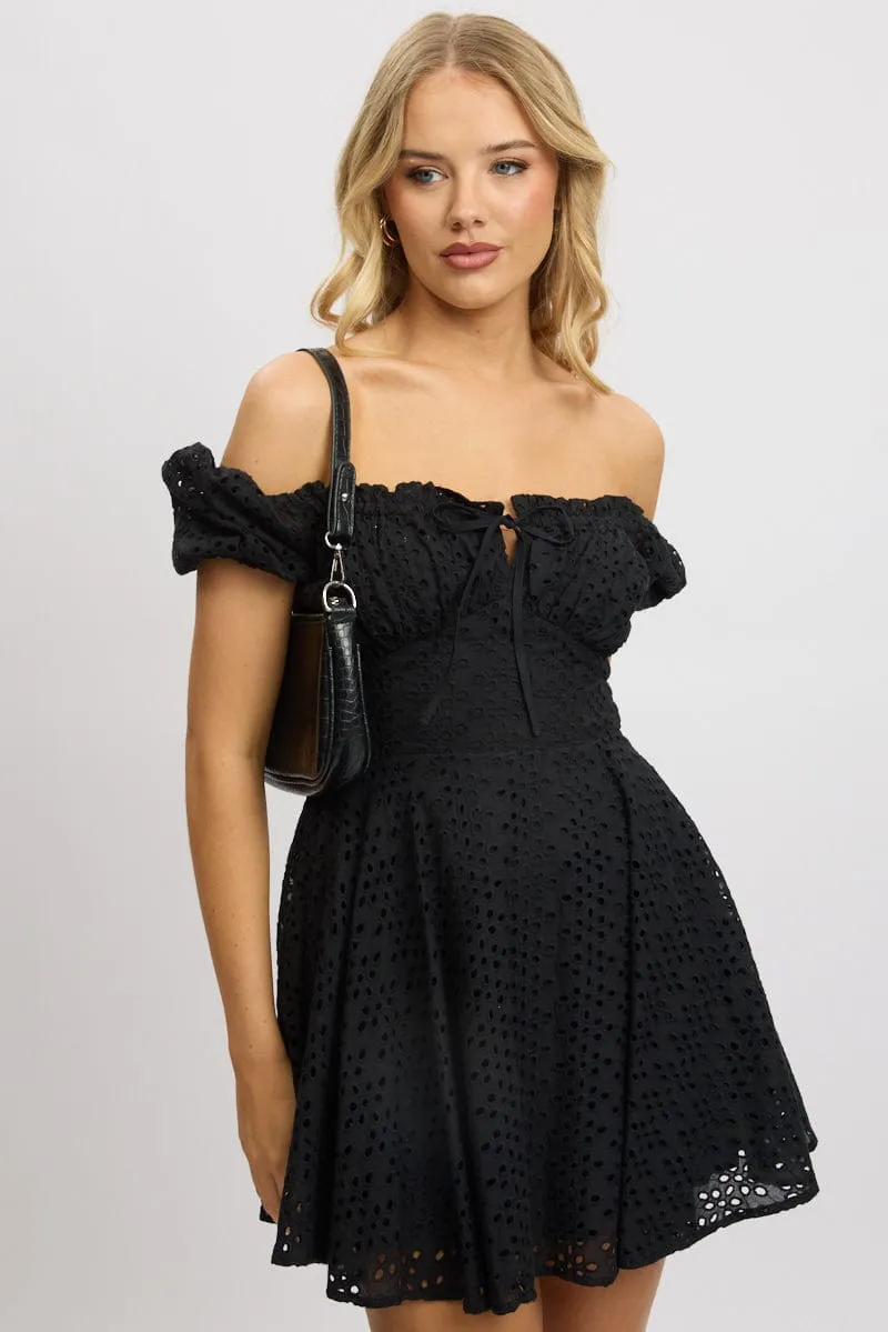 Black Fit And Flare Dress Mini Eyelet Fabric sold by Ally Fashion