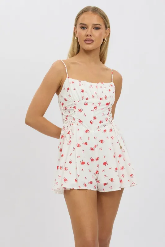 White Floral Playsuit Ruched Bust Strappy sold by Ally Fashion