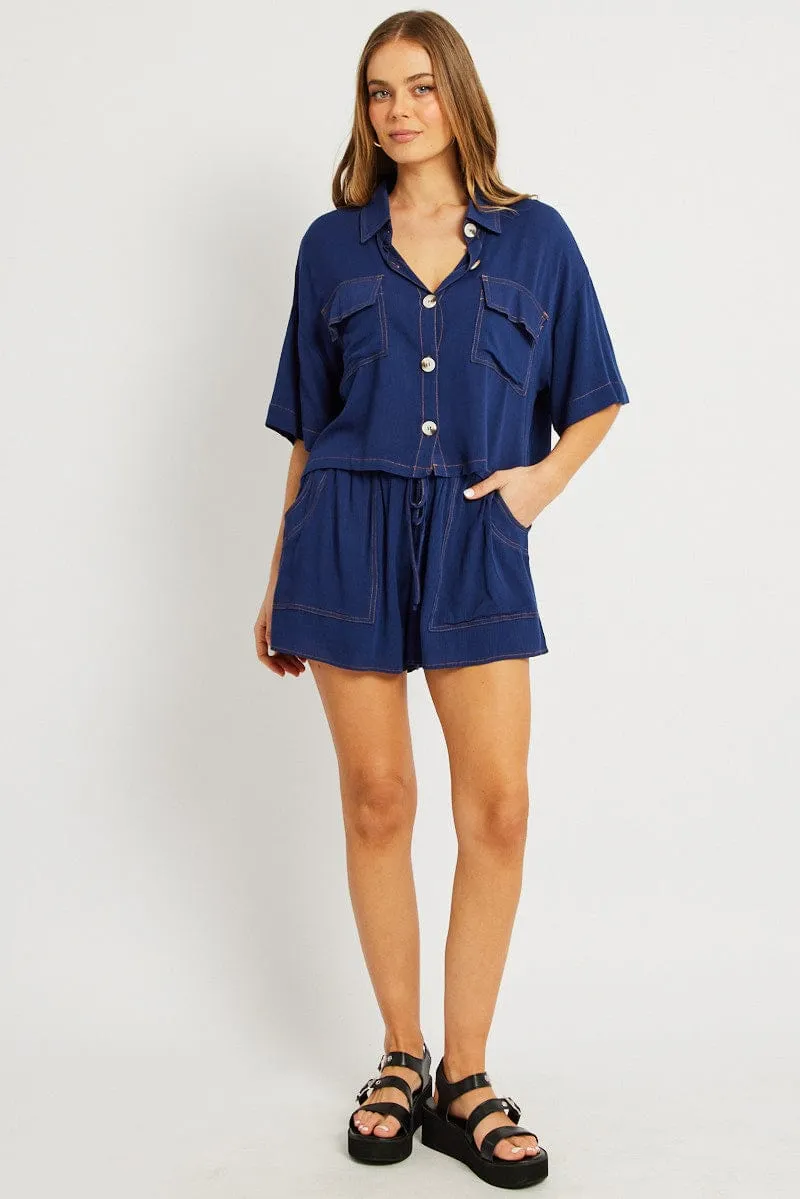 Blue Shorts Contrast Stitch sold by Ally Fashion product image thumbnail 2