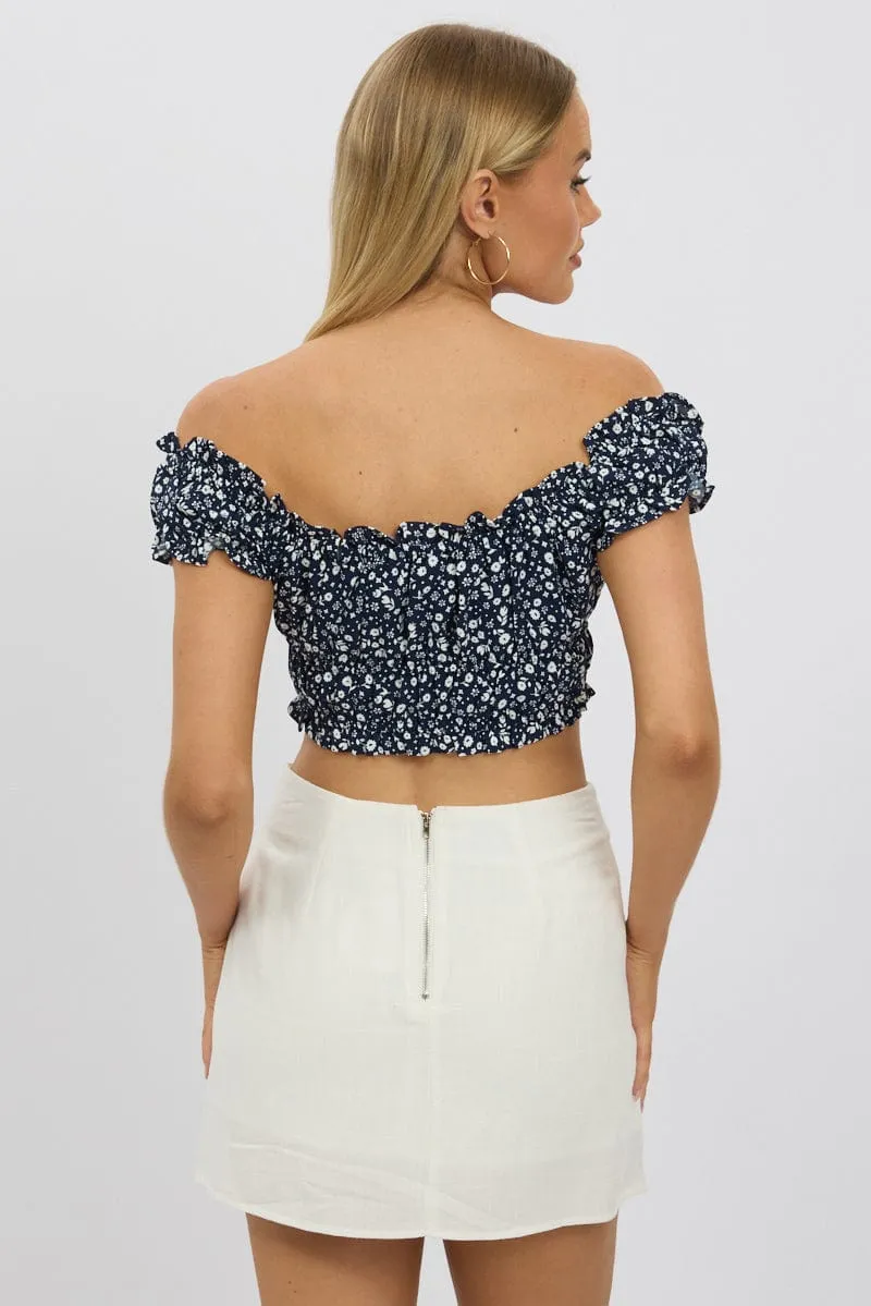 Blue Ditsy Crop Top Short Sleeve Ruched Bust sold by Ally Fashion product image thumbnail 5