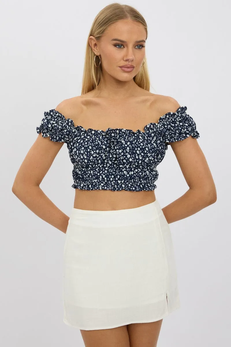 Blue Ditsy Crop Top Short Sleeve Ruched Bust sold by Ally Fashion product image thumbnail 3