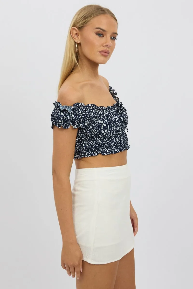 Blue Ditsy Crop Top Short Sleeve Ruched Bust sold by Ally Fashion product image thumbnail 4