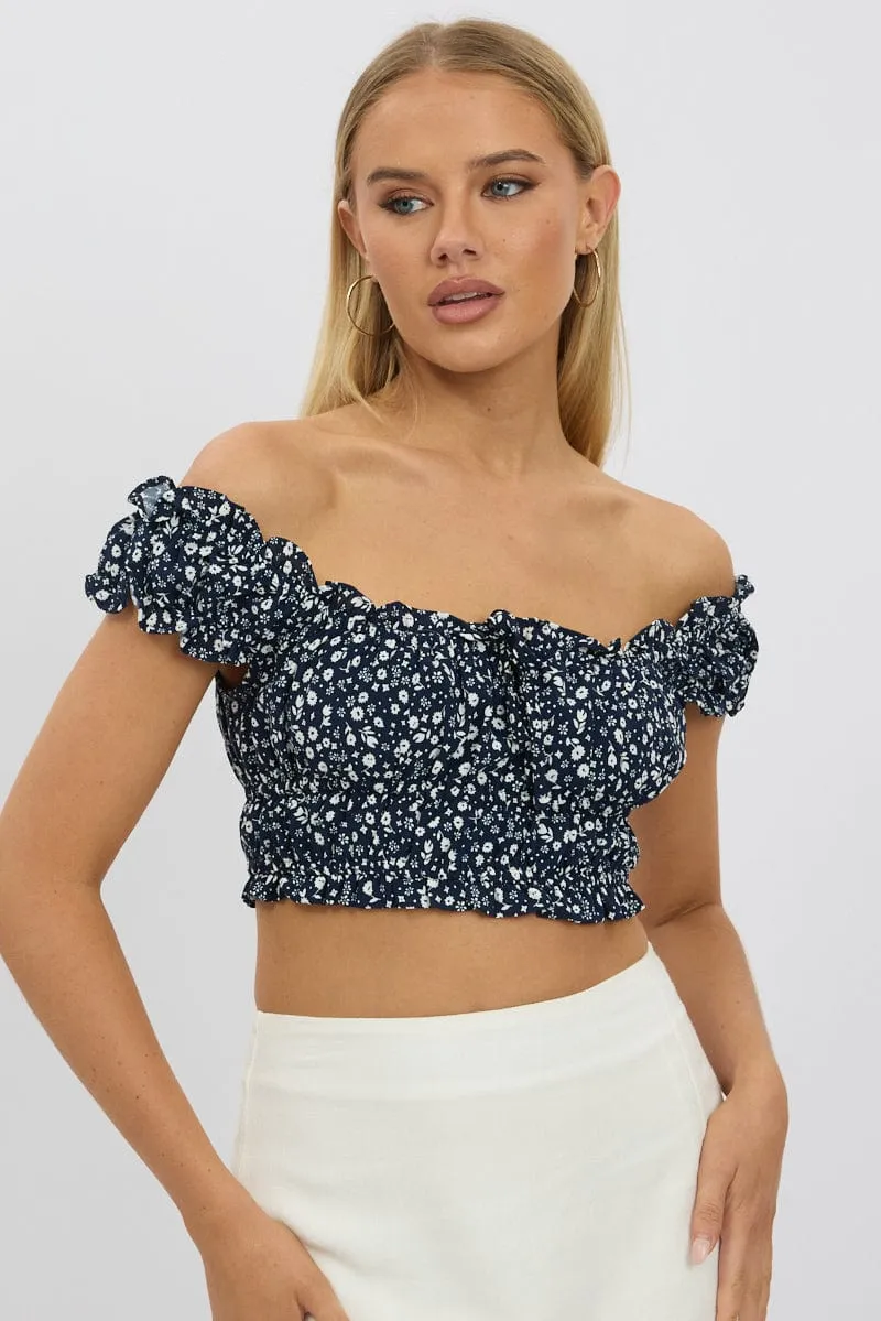 Blue Ditsy Crop Top Short Sleeve Ruched Bust sold by Ally Fashion