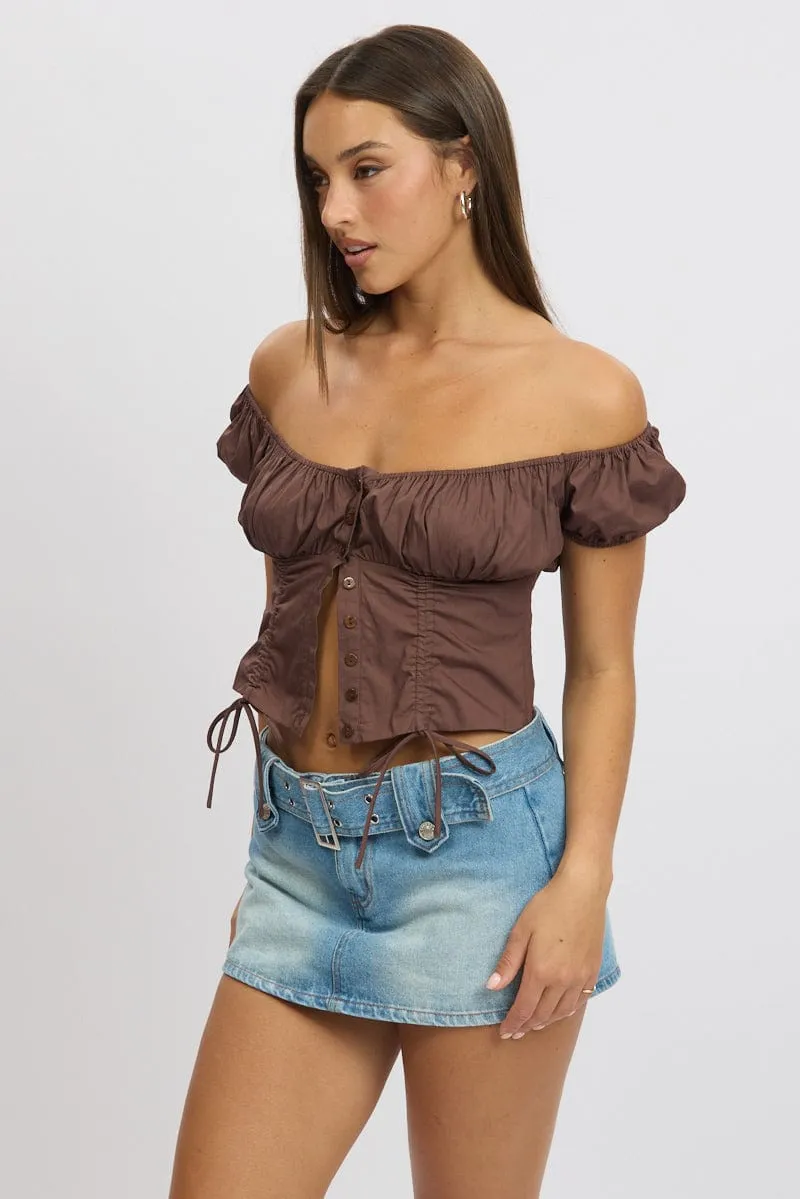 Brown Crop Top Short Sleeve Ruched Button Front sold by Ally Fashion product image thumbnail 4