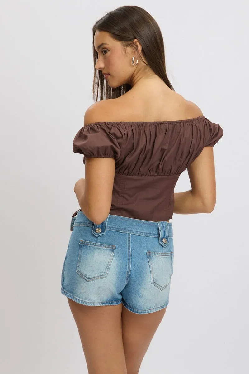 Brown Crop Top Short Sleeve Ruched Button Front sold by Ally Fashion product image thumbnail 5
