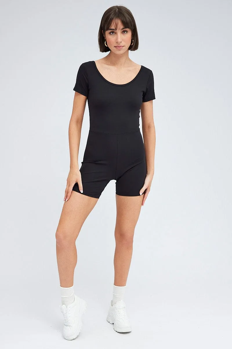 Black Romper Short Sleeve Scoop Neck Activewear sold by Ally Fashion product image thumbnail 2