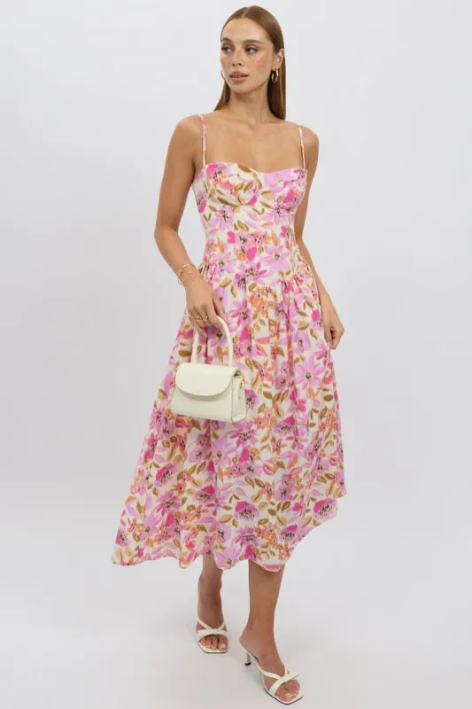 Multi Floral Midi Dress Corset Detail sold by Ally Fashion