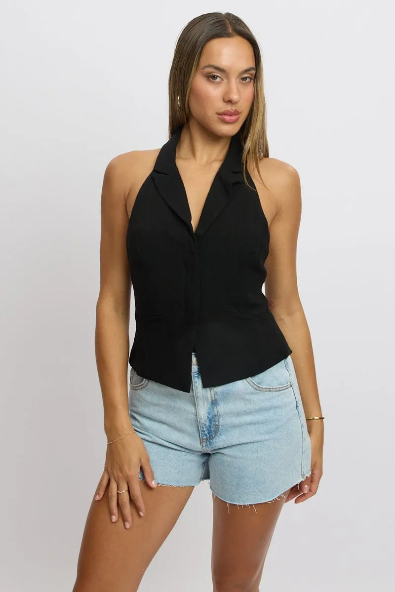 Black Vest Top V Neck Halter Neck Open Back sold by Ally Fashion product image thumbnail 3