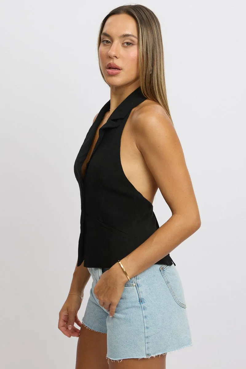 Black Vest Top V Neck Halter Neck Open Back sold by Ally Fashion product image thumbnail 4