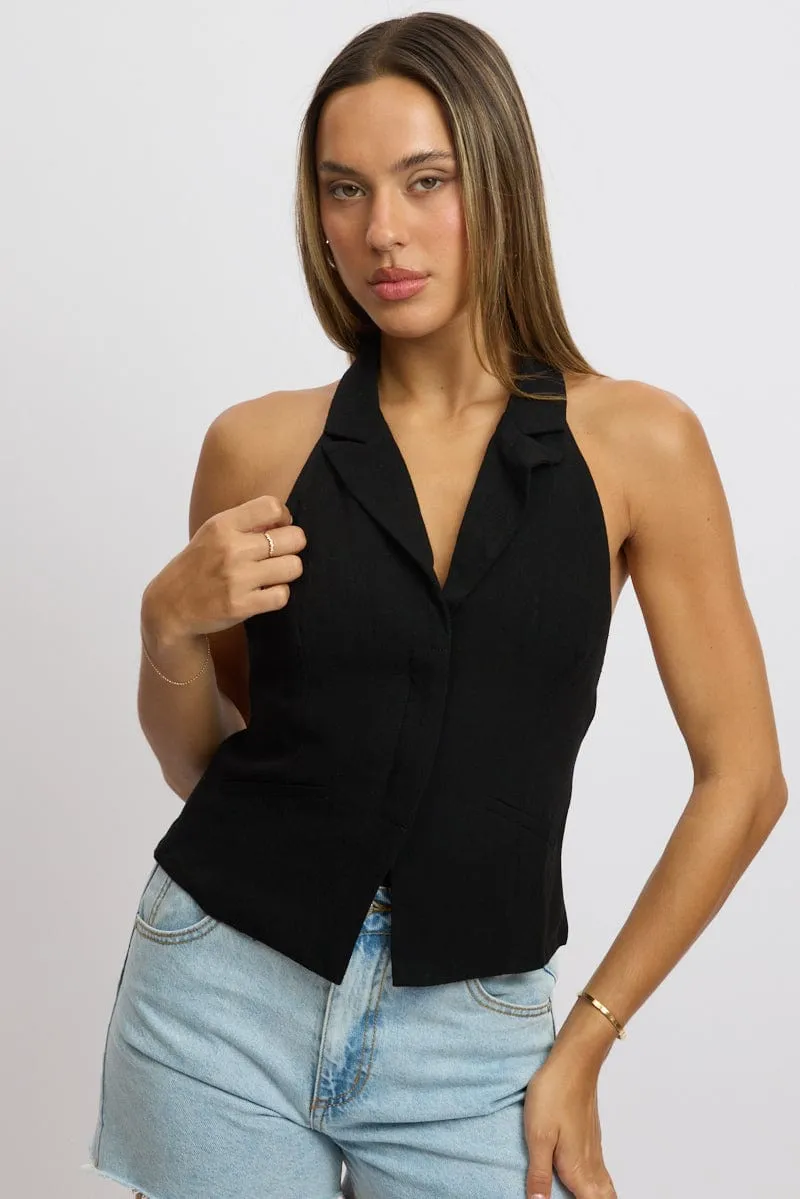 Black Vest Top V Neck Halter Neck Open Back sold by Ally Fashion
