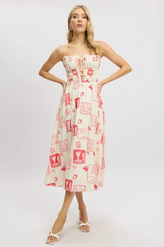 Red Abstract Midi Dress Ribbon Detail Strappy sold by Ally Fashion