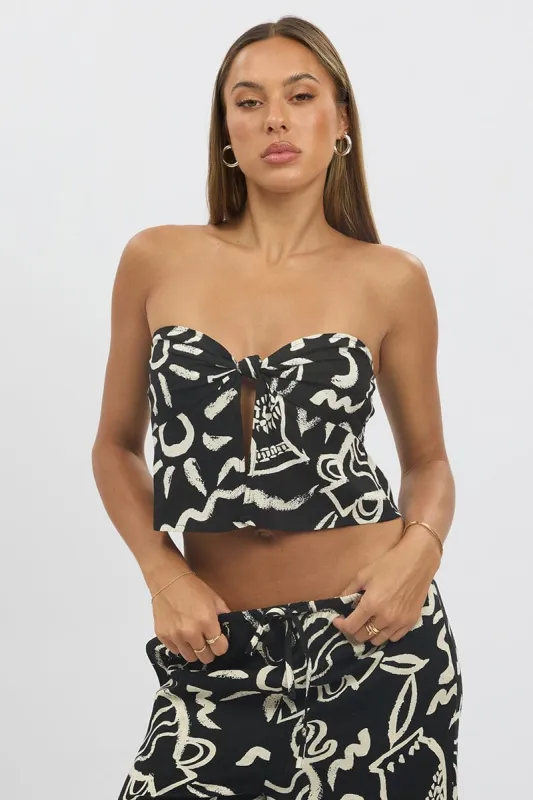 Black Abstract Strapless Top Twist Front Linen Blend sold by Ally Fashion