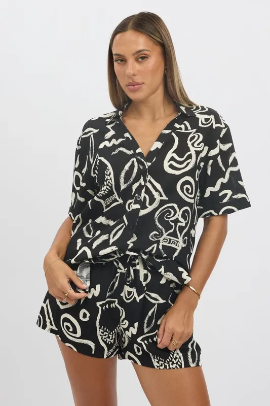 Black Abstract Relaxed Shirt Short Sleeve sold by Ally Fashion