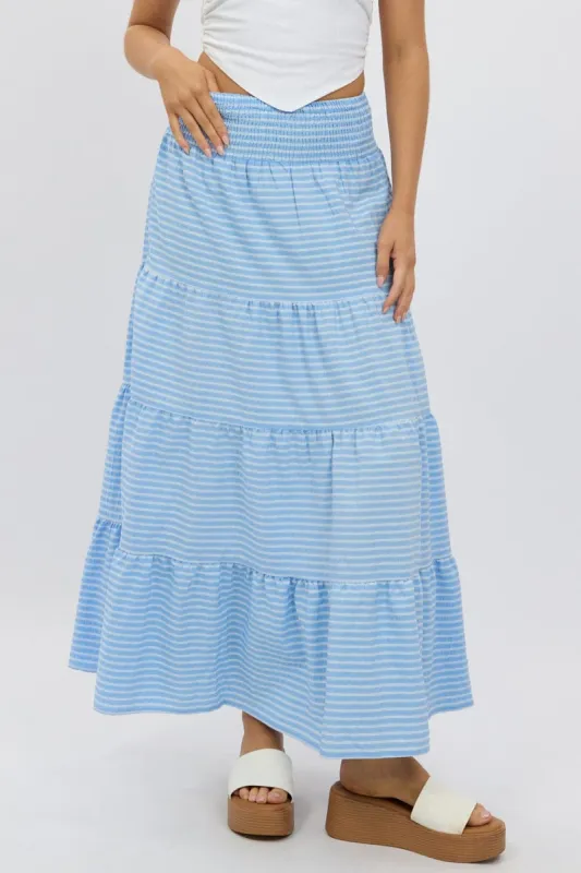Blue Stripe Maxi Skirt Shirred Waist Tiered Relaxed Fit sold by Ally Fashion