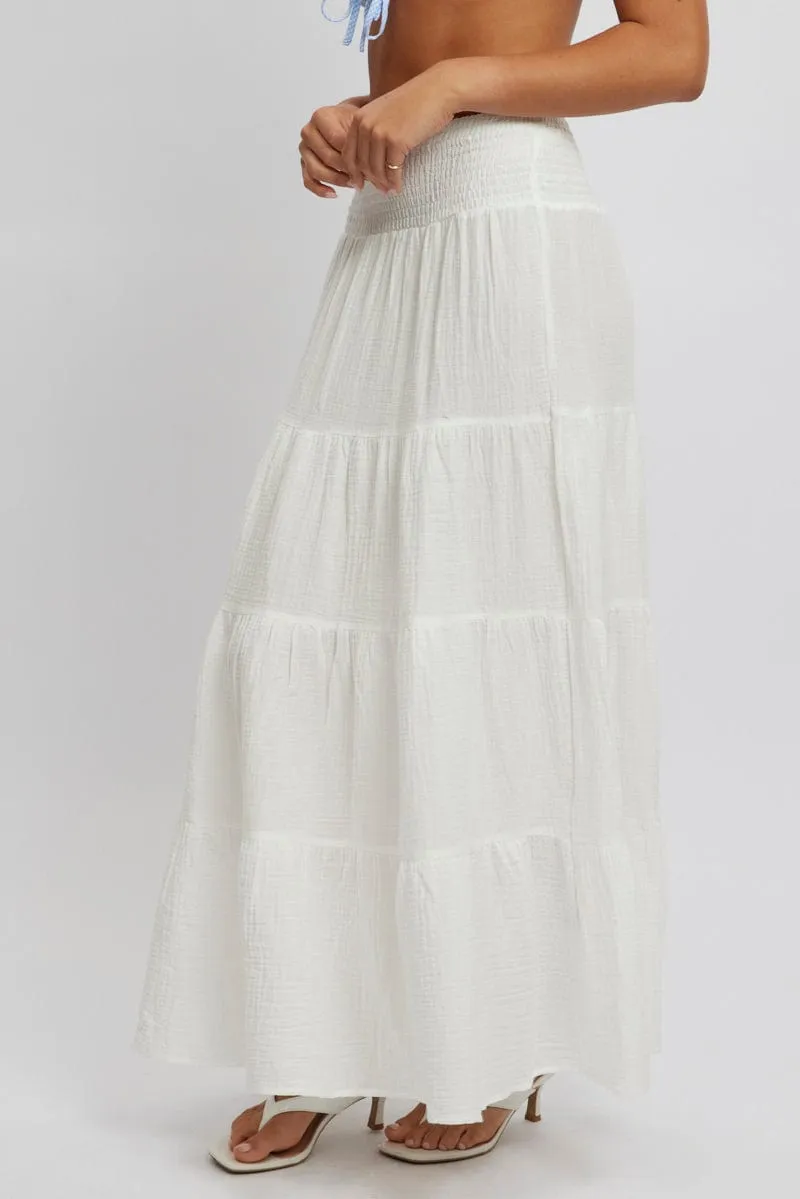 White Maxi Skirt Shirred Waist Tiered Relaxed Fit sold by Ally Fashion product image thumbnail 3