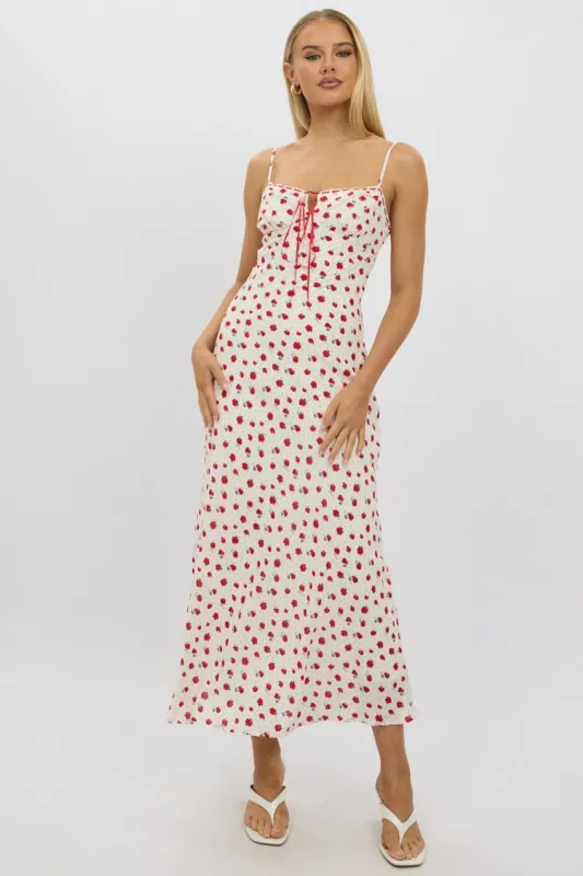 Red Ditsy Maxi Dress Lace Satin Tape sold by Ally Fashion
