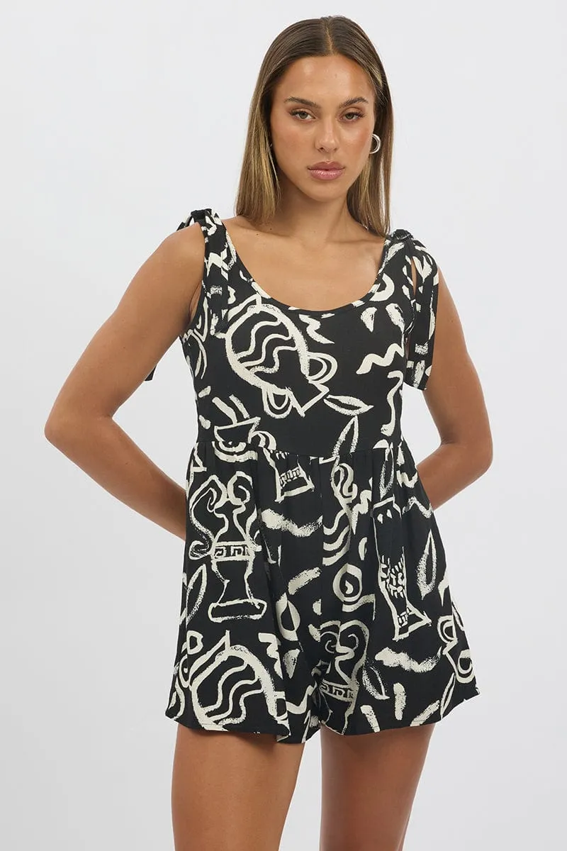 Black Abstract Playsuit Sleeveless Tie Shoulder Linen Blend sold by Ally Fashion