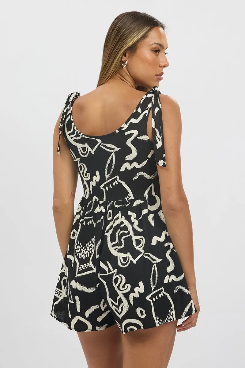 Black Abstract Playsuit Sleeveless Tie Shoulder Linen Blend sold by Ally Fashion product image thumbnail 5