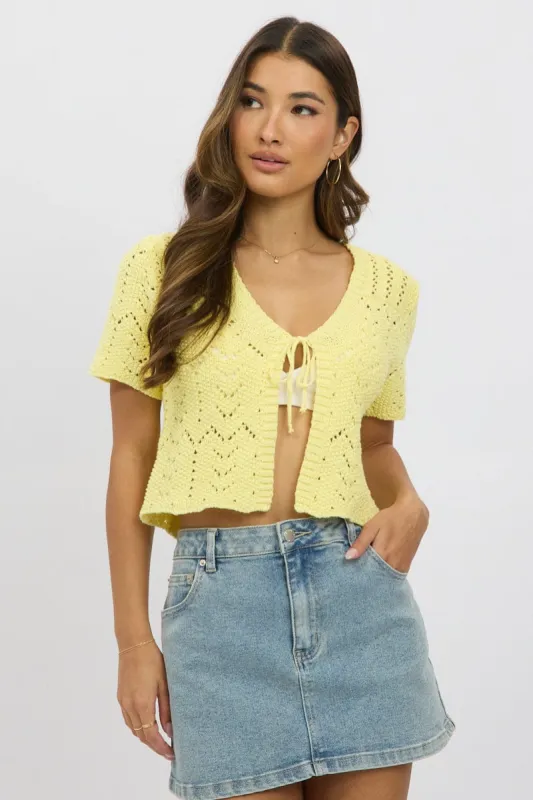 Yellow Crochet Knit Cardigan Short Sleeve V Neck sold by Ally Fashion