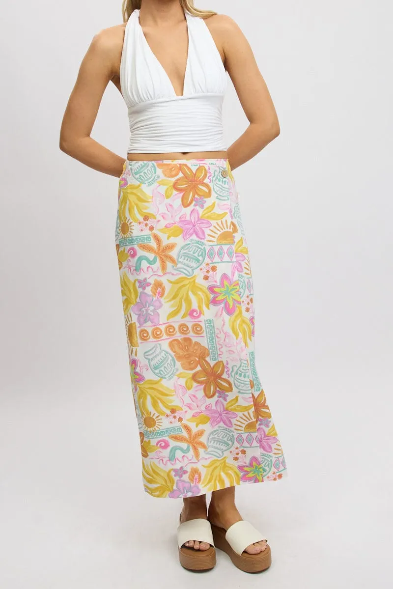 White Abstract Wrap Skirt High Waisted Midaxi sold by Ally Fashion