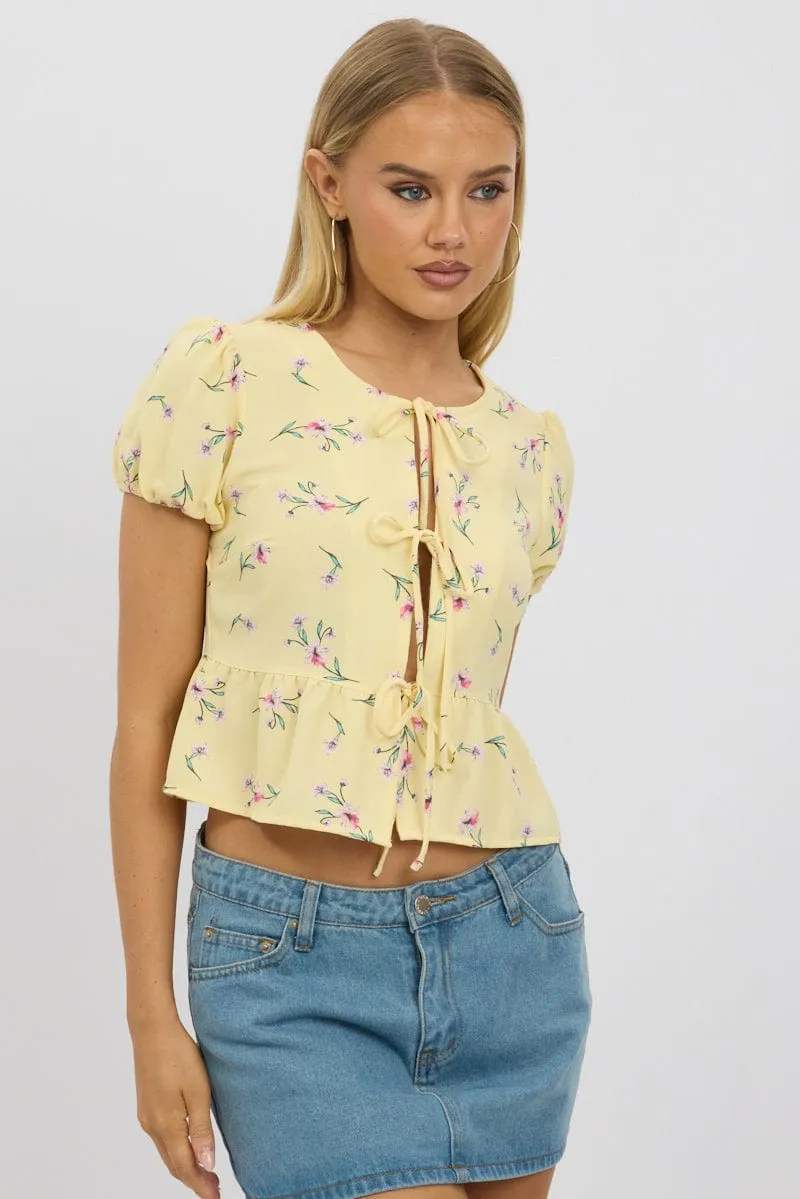 Yellow Ditsy Tie Front Top Puff Sleeve sold by Ally Fashion product image thumbnail 3