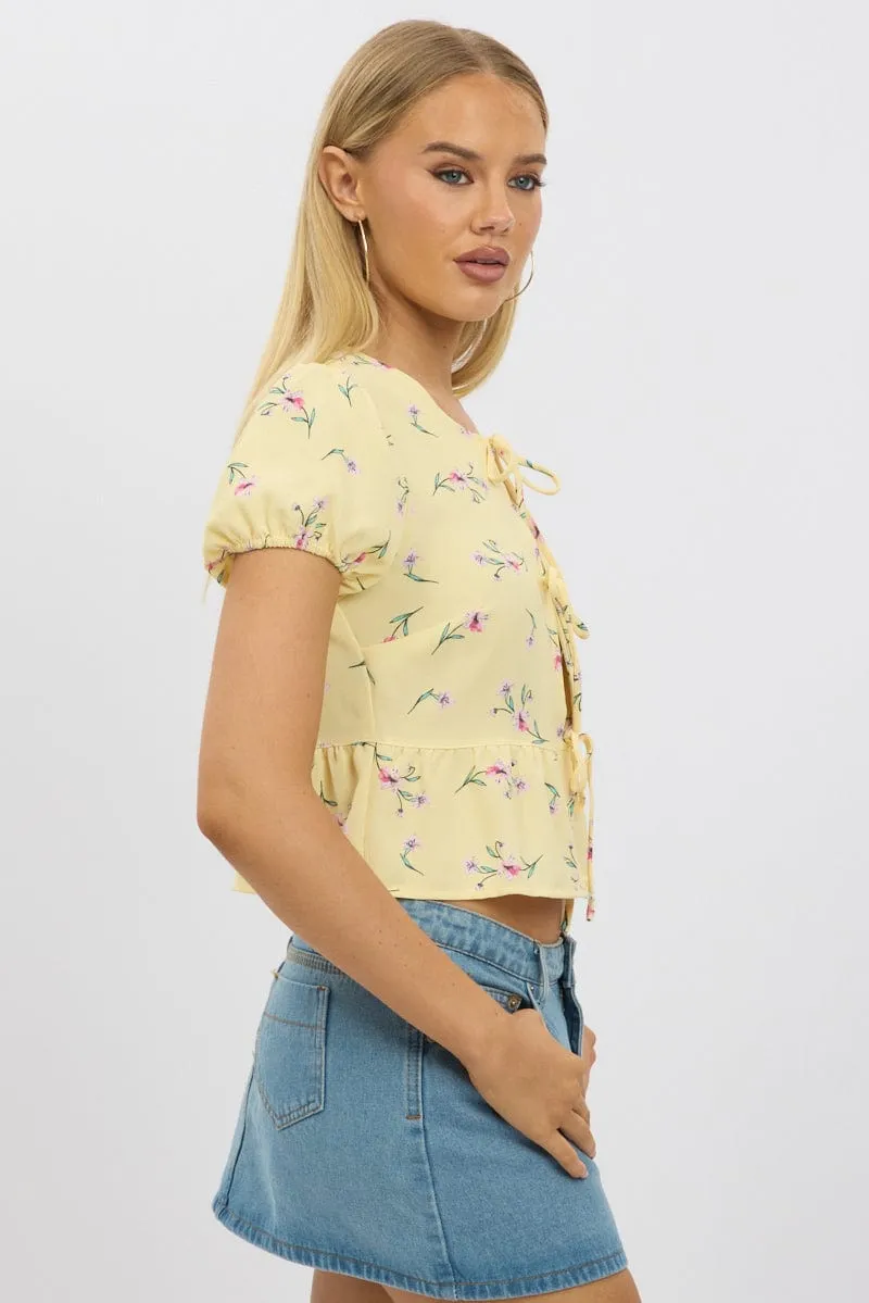 Yellow Ditsy Tie Front Top Puff Sleeve sold by Ally Fashion product image thumbnail 4
