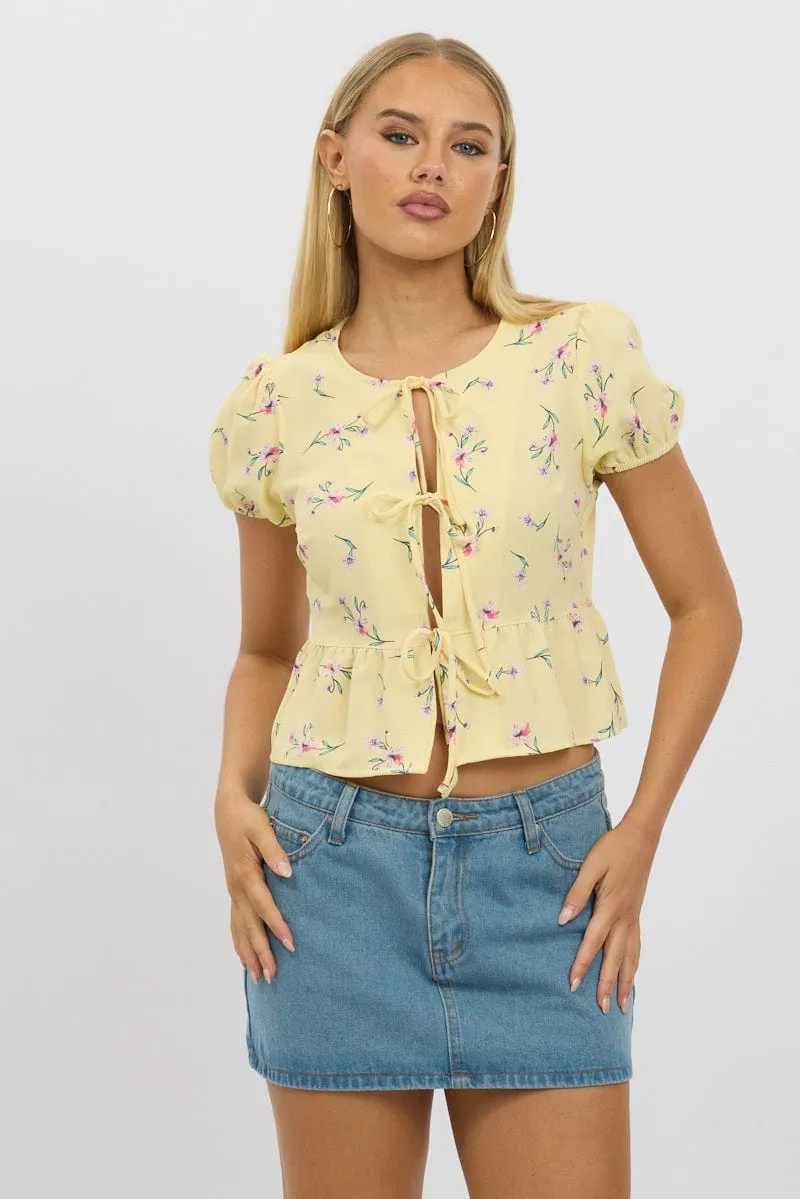 Yellow Ditsy Tie Front Top Puff Sleeve sold by Ally Fashion